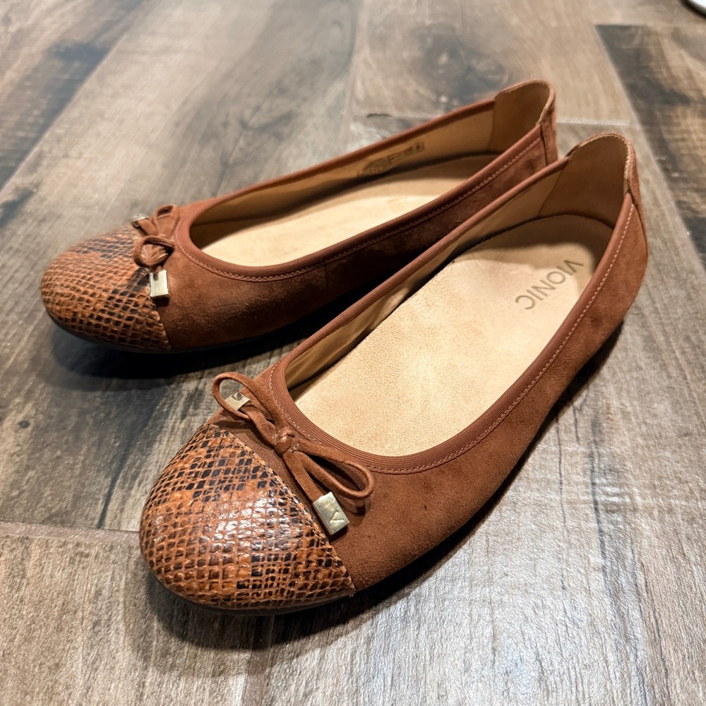 Vionic Women's Spark Minna Snakeskin Cap Toe Ballet Flats, Brown, 8.5